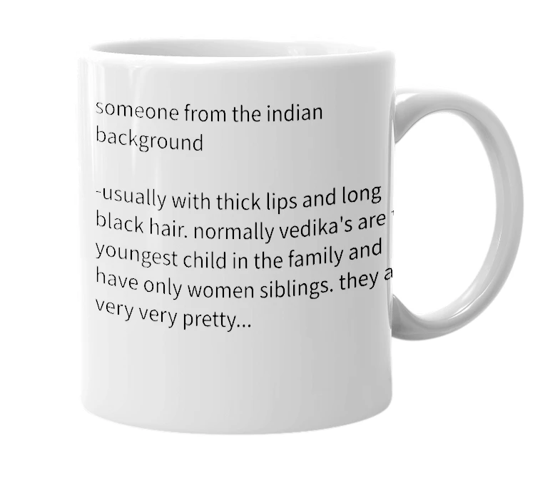 White mug with the definition of 'vedika'