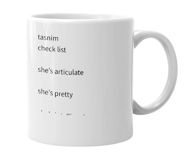 White mug with the definition of 'tasnim'