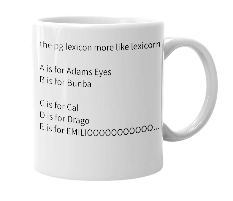 White mug with the definition of 'PG LEXICON'