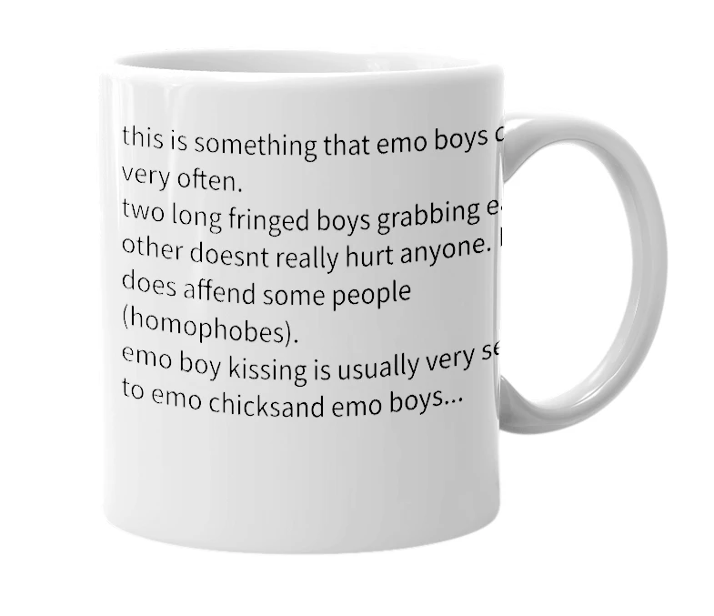 White mug with the definition of 'emo boys kissing'