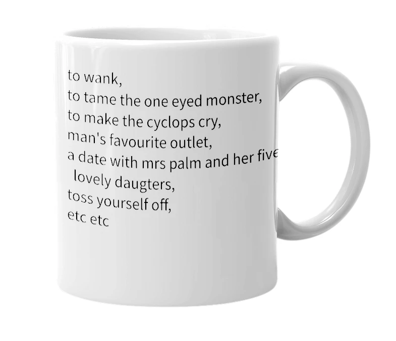 White mug with the definition of 'onanism'