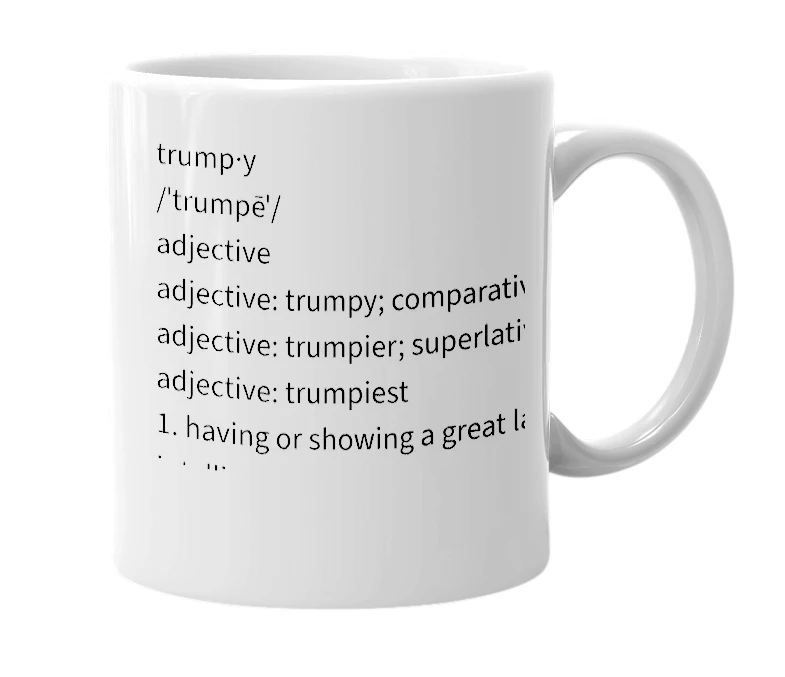White mug with the definition of 'Trumpy'