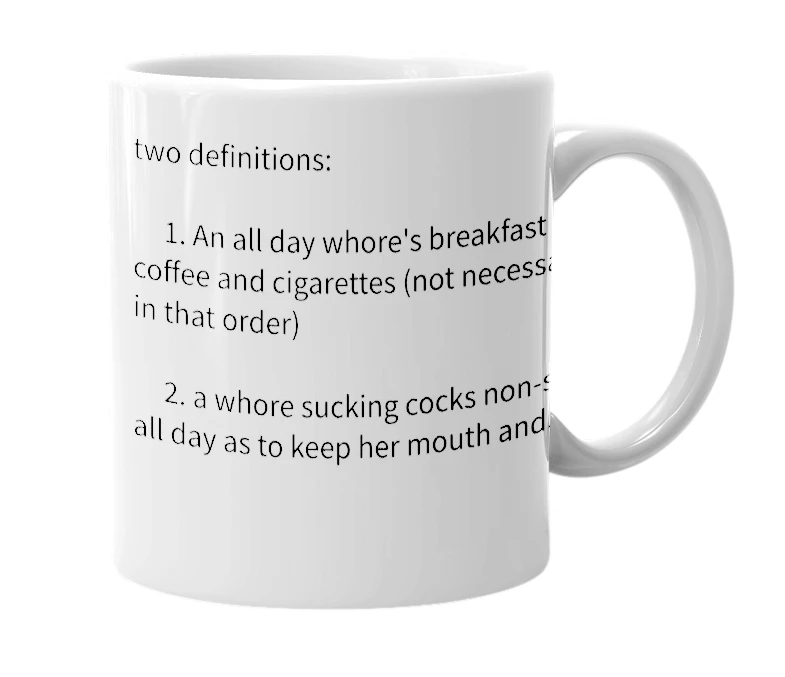 White mug with the definition of 'whore's buffet'