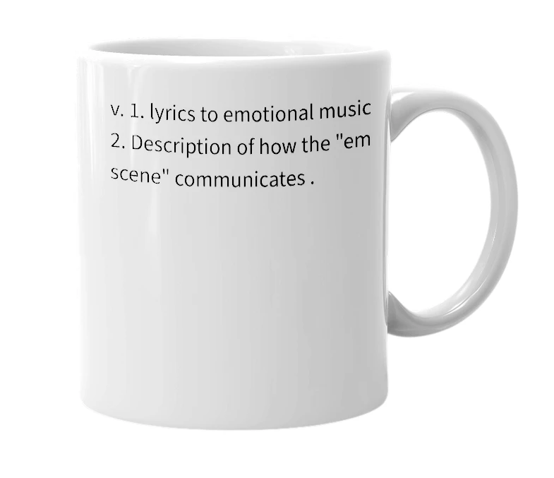 White mug with the definition of 'emonics'