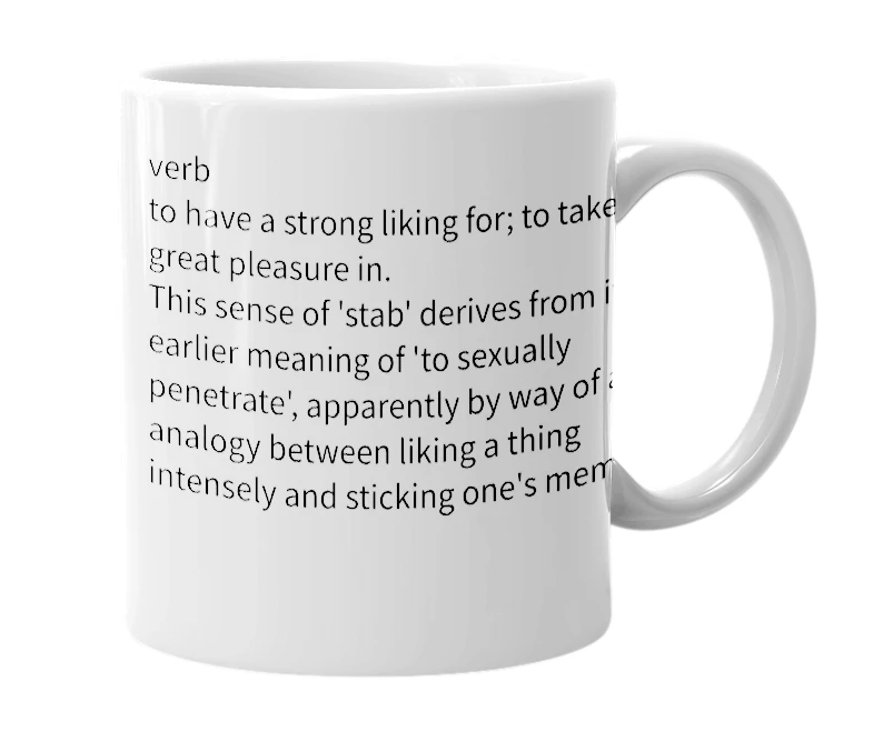 White mug with the definition of 'stab'