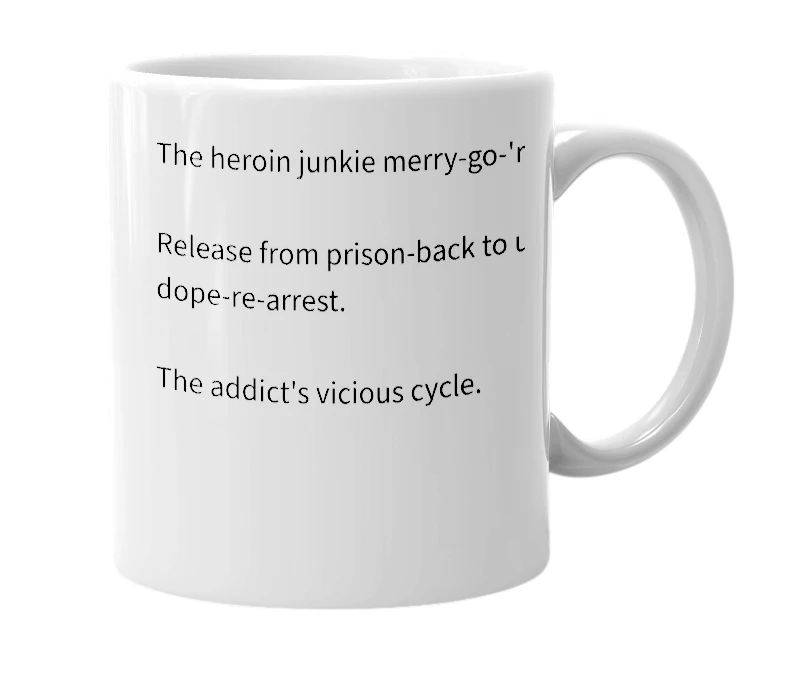 White mug with the definition of '"I’ll be out the gate by eight / in the spoon by noon / fixed by six / and back in the pen by ten!”'