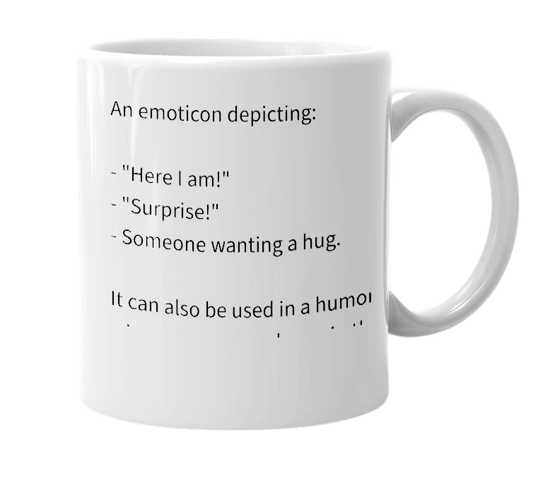 White mug with the definition of '<(:D)>'