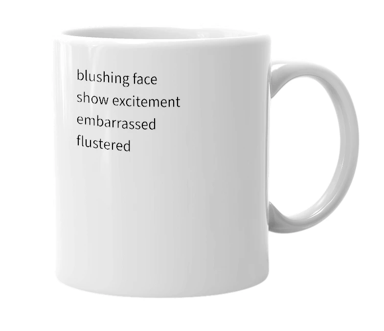 White mug with the definition of '>///<'