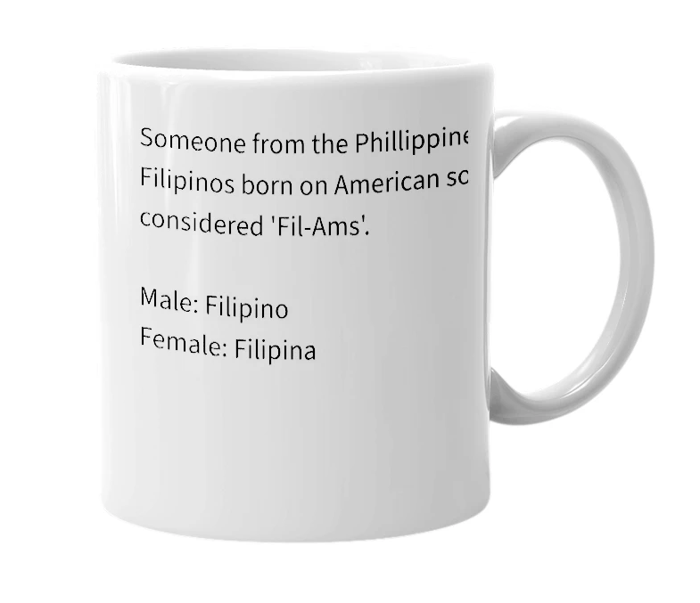 White mug with the definition of '[Filipino]'