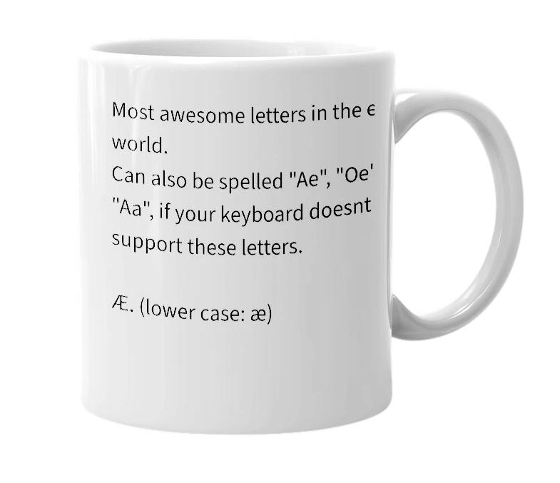 White mug with the definition of 'Æ Ø Å'