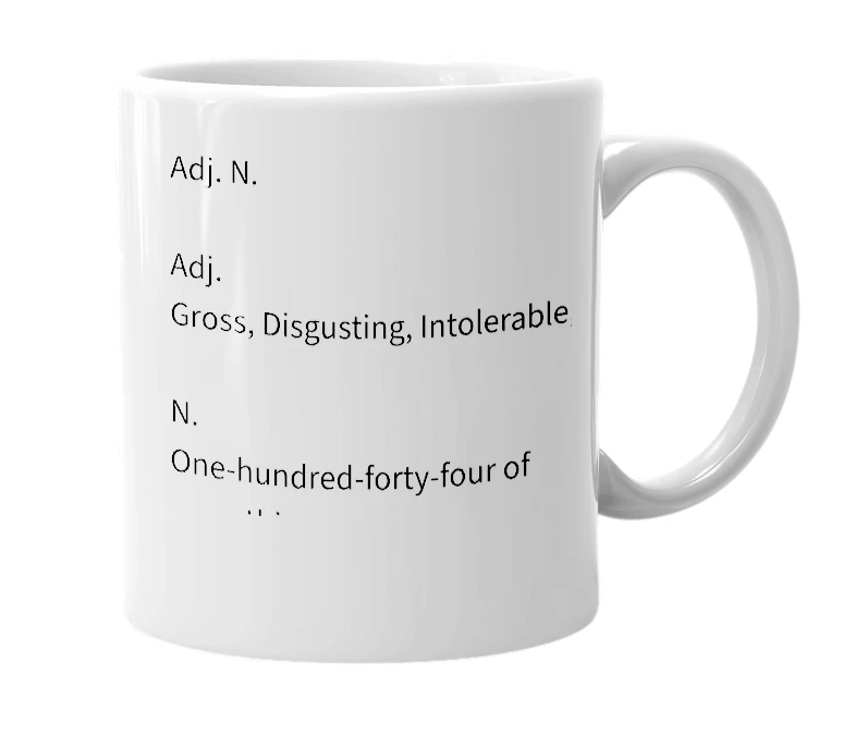 White mug with the definition of '144'