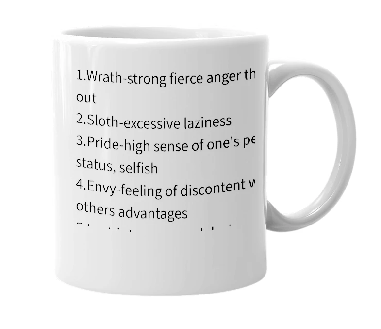 White mug with the definition of '17 Deadly Sins (update)'