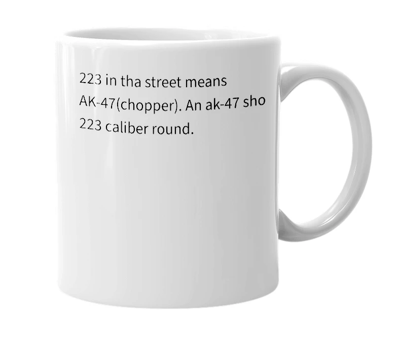 White mug with the definition of '223'