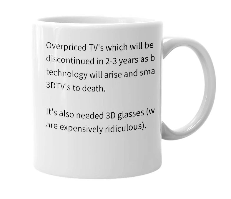 White mug with the definition of '3DTV'