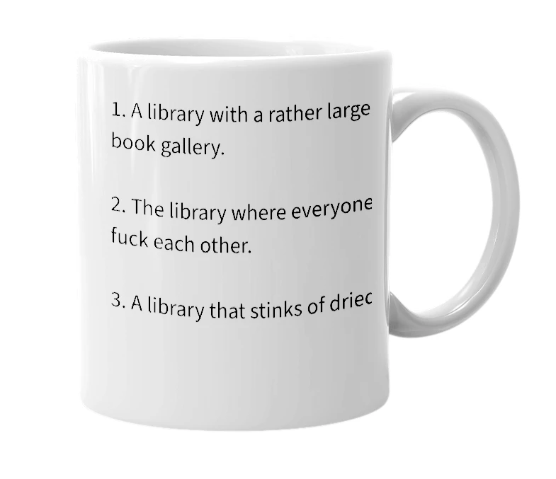 White mug with the definition of '69420 Library'