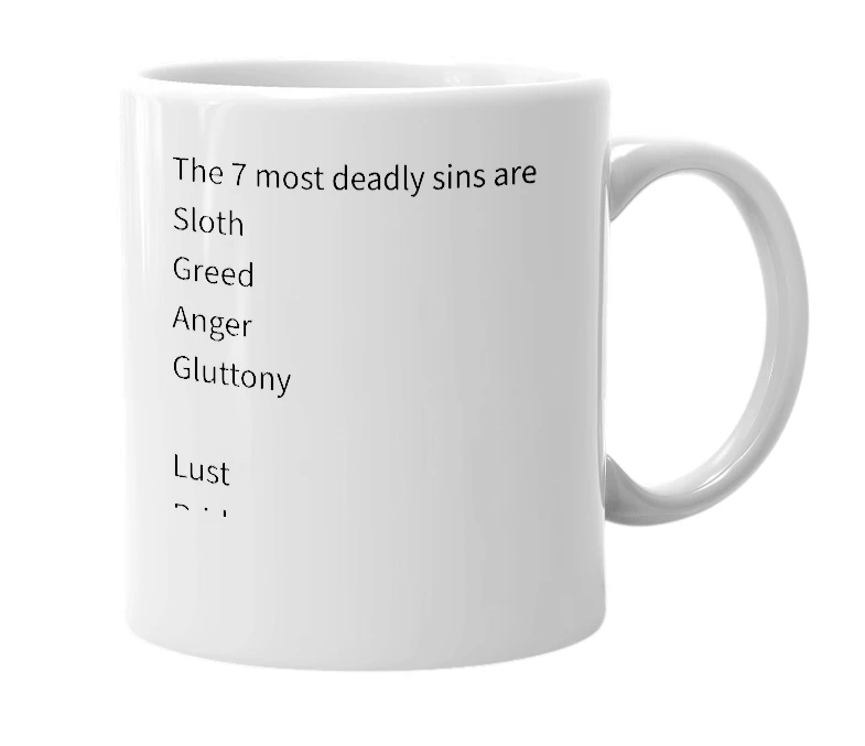 White mug with the definition of '7 deadly sins'