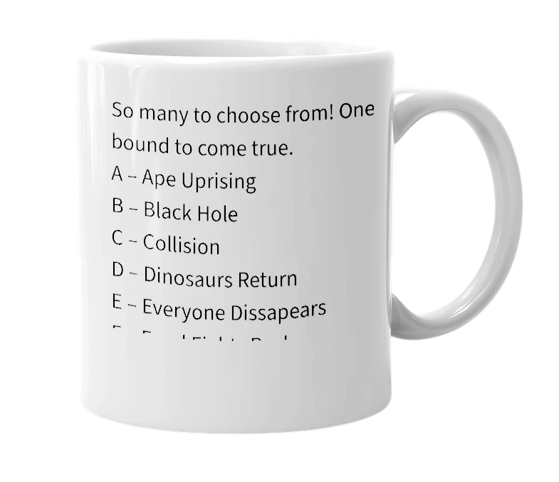 White mug with the definition of 'A - Z of Apocalypses'