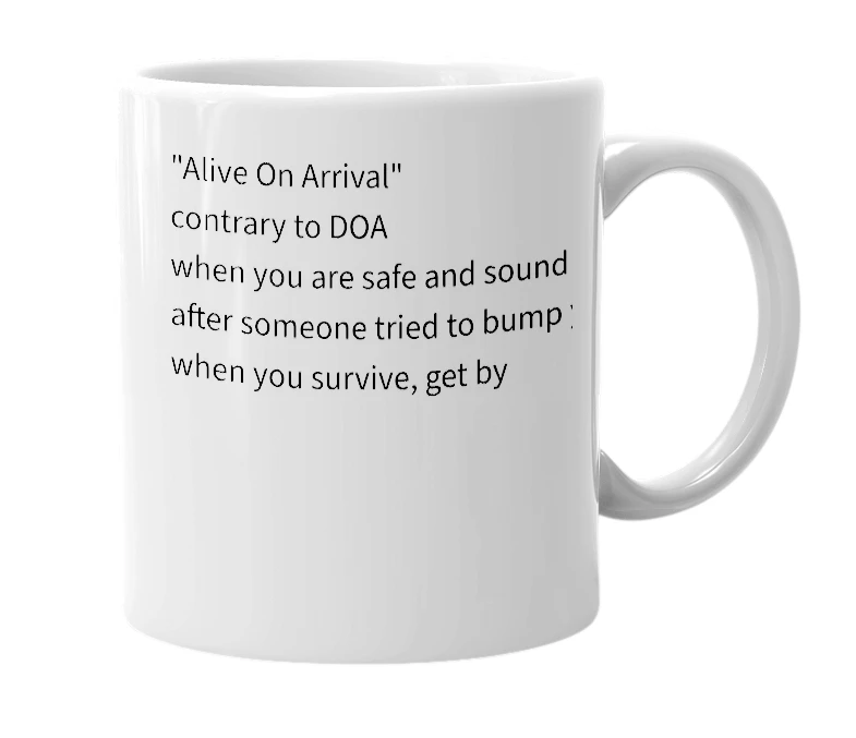 White mug with the definition of 'A.O.A'