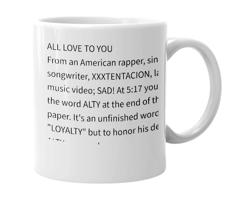 White mug with the definition of 'ALTY'