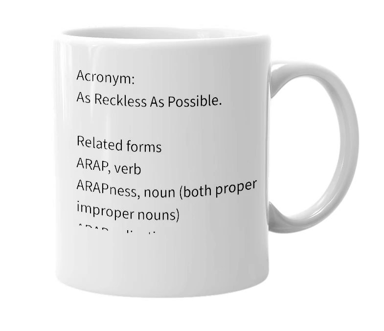 White mug with the definition of 'ARAP'