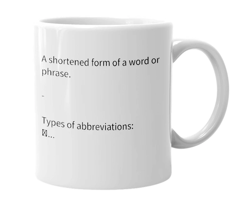 White mug with the definition of 'Abbreviation'