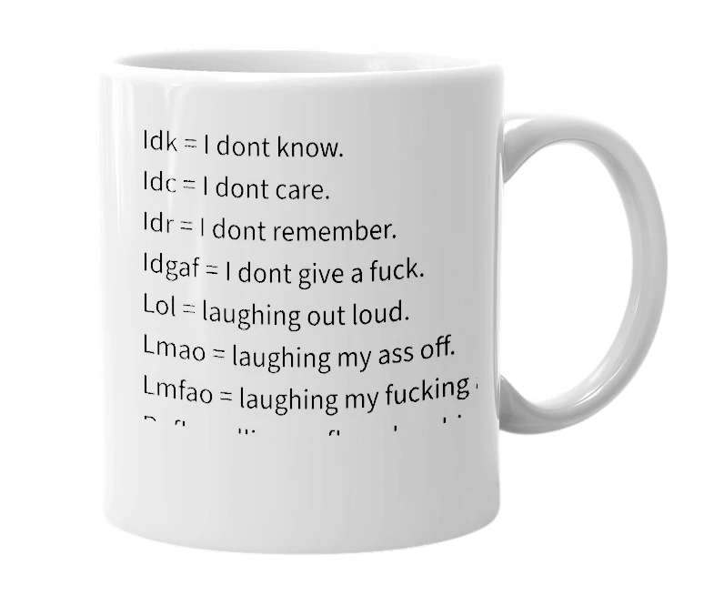 White mug with the definition of 'Abbreviations'