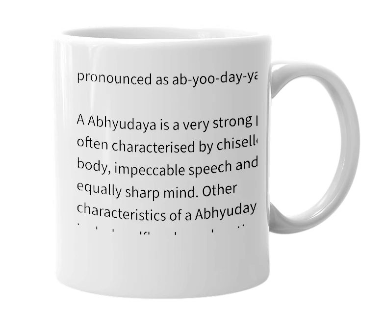 White mug with the definition of 'Abhyudaya'