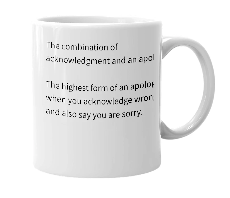 White mug with the definition of 'Acknowlogy'