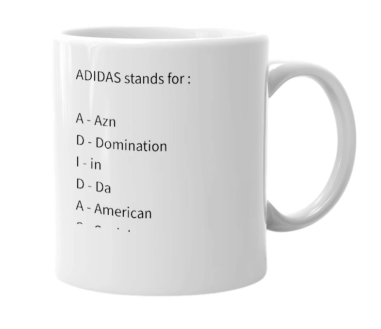 White mug with the definition of 'Adidas'