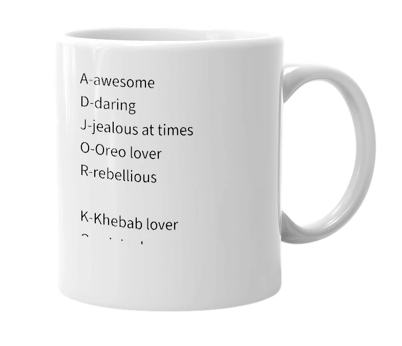 White mug with the definition of 'Adjorkor'
