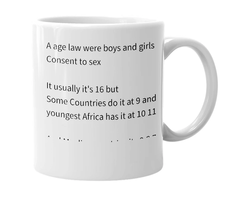 White mug with the definition of 'Age of Consent'