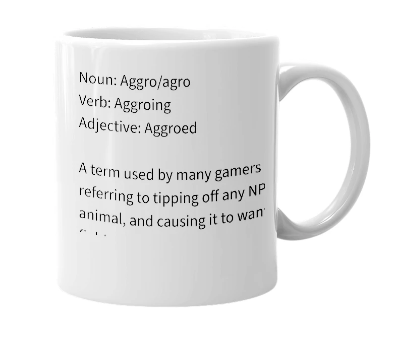 White mug with the definition of 'Aggro'