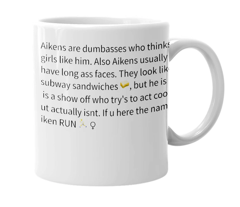 White mug with the definition of 'Aiken'