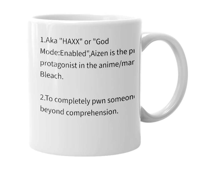 White mug with the definition of 'Aizen'