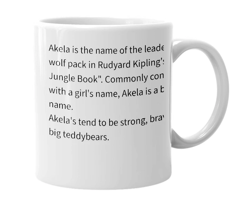 White mug with the definition of 'Akela'