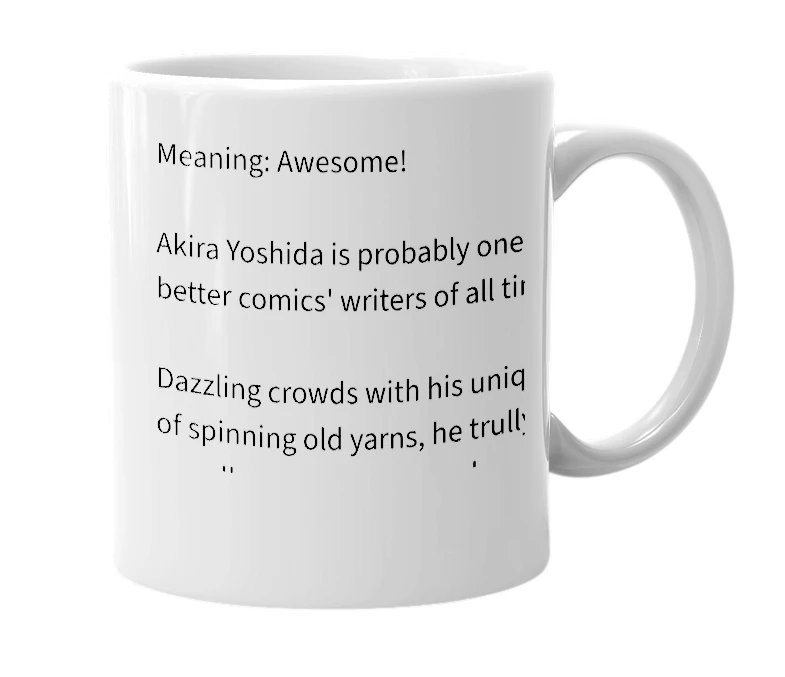 White mug with the definition of 'Akira Yoshida'
