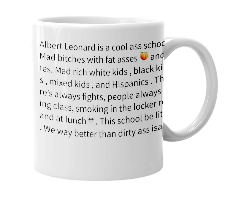 White mug with the definition of 'Albert Leonard Middle School'