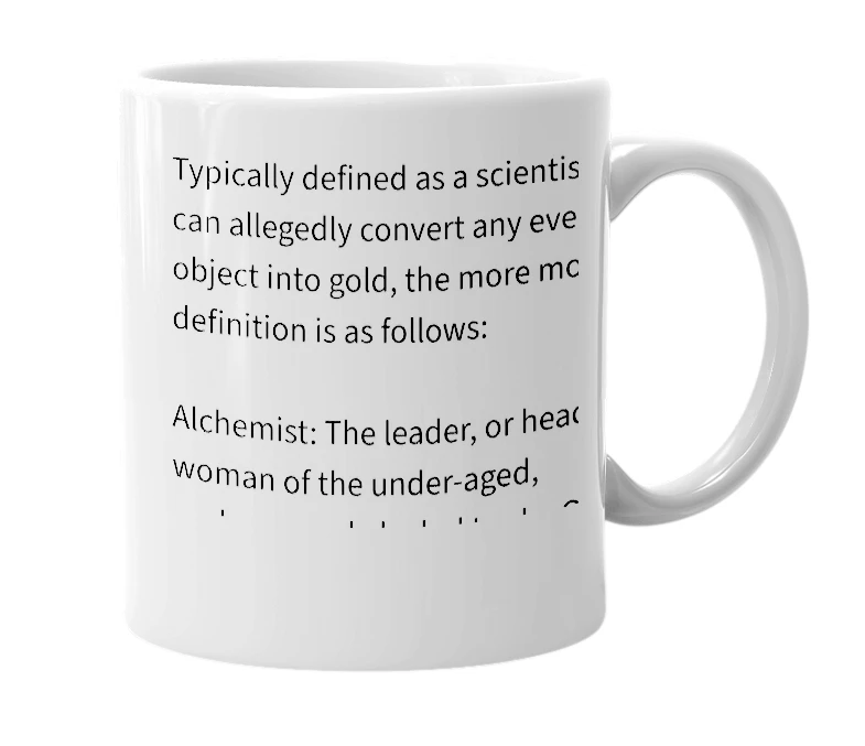 White mug with the definition of 'Alchemist'