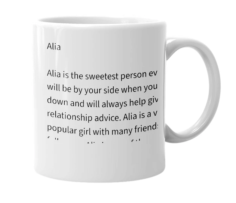 White mug with the definition of 'Alia'