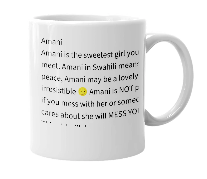 White mug with the definition of 'Amani'