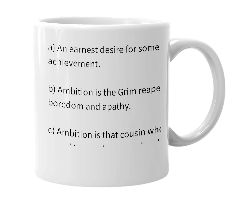 White mug with the definition of 'Ambition'