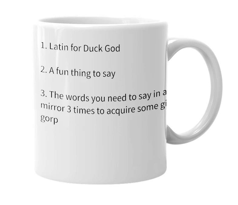 White mug with the definition of 'Anatis Deus'