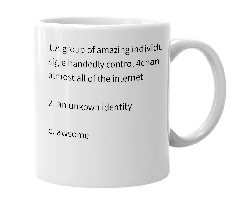 White mug with the definition of 'Anonymous'