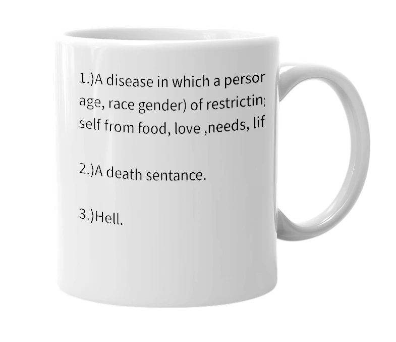 White mug with the definition of 'Anorexia Nervosa'
