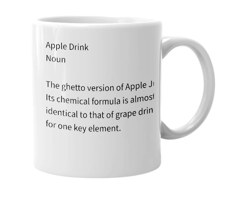 White mug with the definition of 'Apple Drink'