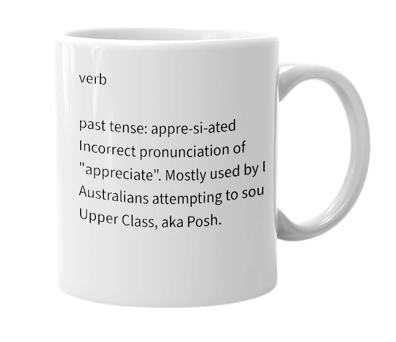 White mug with the definition of 'Appre-si-ate'