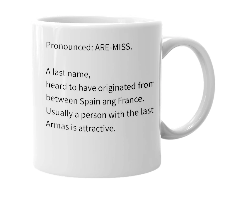White mug with the definition of 'Armas'