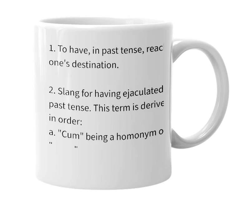 White mug with the definition of 'Arrived'