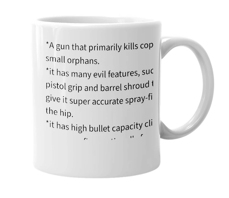 White mug with the definition of 'Assault weapon'