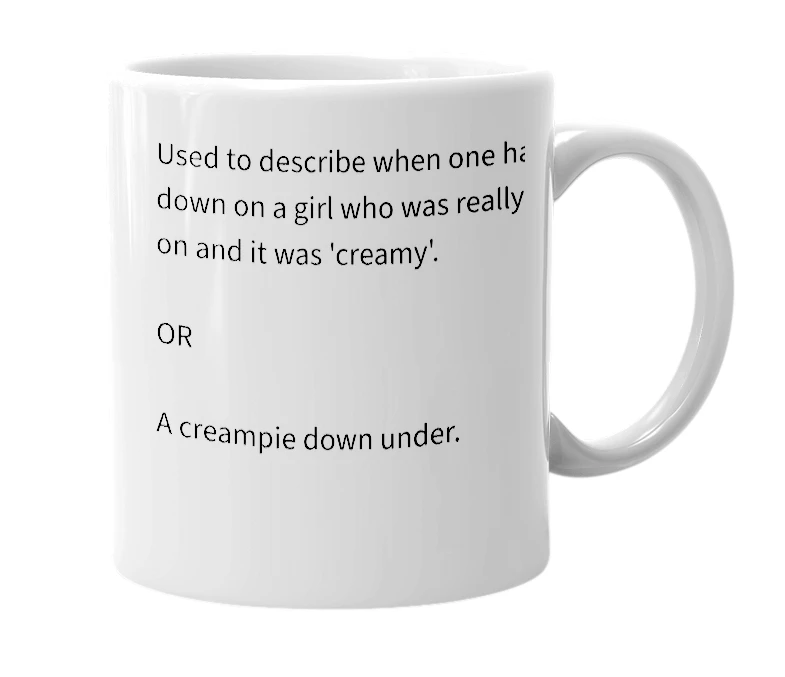 White mug with the definition of 'Austrailian Creampie'